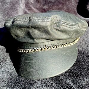 Black Leather Vintage chain cap motorcycle hat size small made in USA.